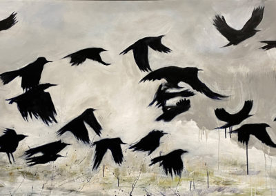Dark purple black crows come to the foreground as they fly randomly but in a circle, all in the same direction against a grey and green background. There are drips of grey and black paint to create energy. There is strong contrast between the birds and the background, and the feeling is calm but energetic and foreboding.