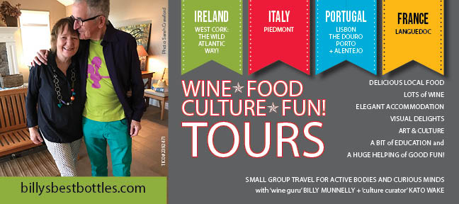 Billy Munnelly and Kato Wake from Billy's Best Bottles offers small group travel to Ireland, the Wild Atlantic Way, Piedmont in Italy, Lisbon, The Douro Valley, Porto and Altentejo in Portugal, and Languedoc, France. Wine, Food, Culture and Fun.