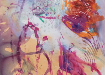 An abstracted painting using blobs of warm colors – orange, purple and blues. Texture was created by dripping paint and embossing texture on wet acrylic paint.