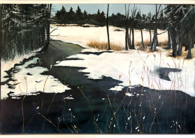 A large rectangular painting of a quiet Prince Edward County pond with dark green water in late spring or early winter. There is snow on the ground but the pond is not frozen. The pond weaves through a pine forest and wild grasses.