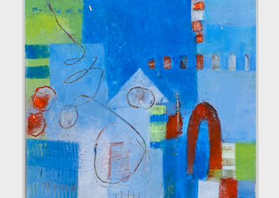 Abstract shapes of rectangles, semi-circles and simple line strokes come together with blues, reds and greens.