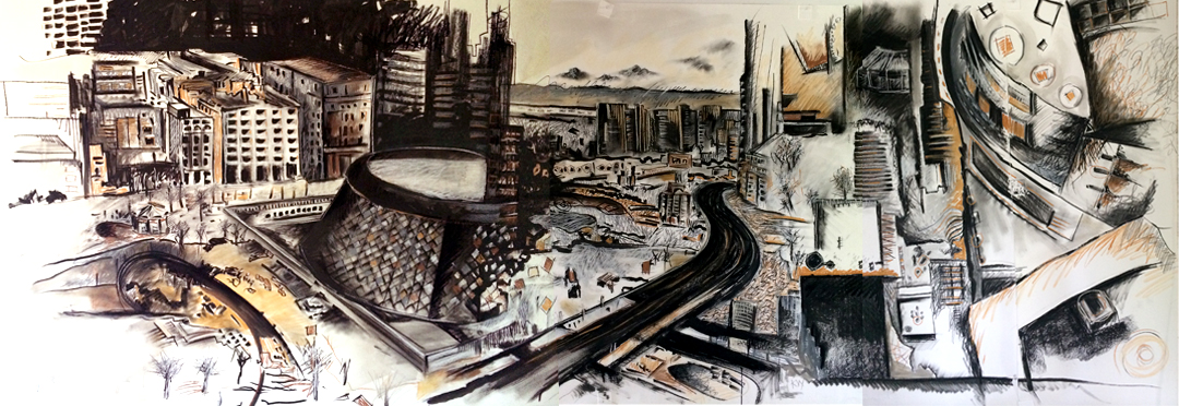 A 10 foot long multi-faceted drawing that depicts an energetic city, in this case Toronto, Canada. Kato Wake the artist used earthy and black colored conte and charcoal and worked quickly to showcase the city from an aerial view.