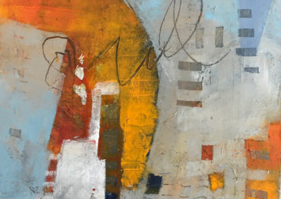 A large claw-like orange shape against a blue and white and grey background descends upon skyscrapper shapes. Small repeated rectangles are carved into the background and are darker than the background. A scribbly black line covers the top third of the painting.