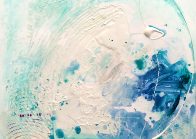The feeling of water is depicted using blue, green and aqua color. Texture is created by drips swirled in a large circle, and it feels light with lots of movement.