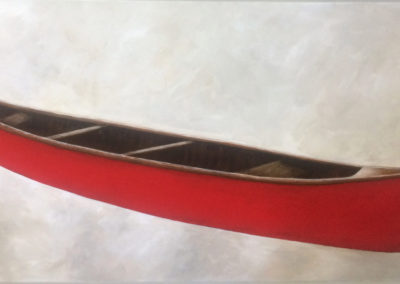 A long rectangular painting of an iconic red Canadian wooden canoe floating on a white and grey modulated background.