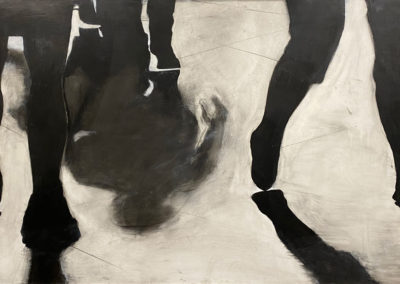 A large rectangular painting by Kato Wake of feet and shadows walking on a city pavement. There is strong black and white contrast, hard and soft edges, and lots of movement.