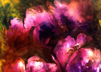 Fat and lively brush strokes are used in repeated shapes to form an abstracted feeling of eggplants. The colours of magenta and dark purple are contrasted by warm greens and yellows.