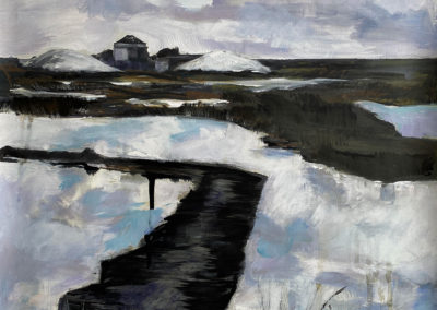Acrylic on canvas, 40x40cm, ©Kato Wake 2023 Salt Flats of Tavira with cloud refections